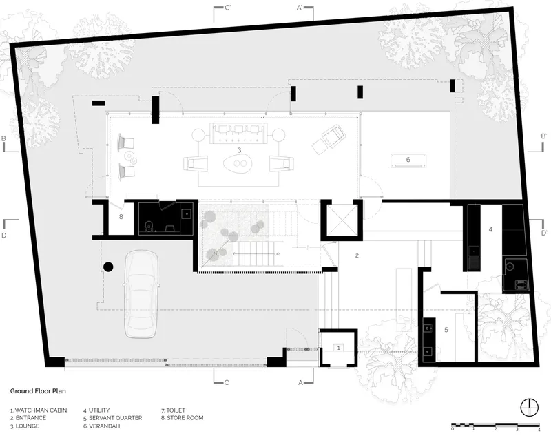 Ground floor plan drawing showing living spaces, bedrooms, and entry organized around central stair