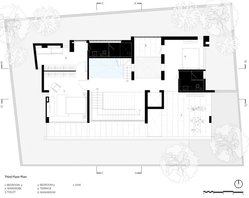 Third floor plan drawing showing upper level bedrooms and gym with terrace spaces
