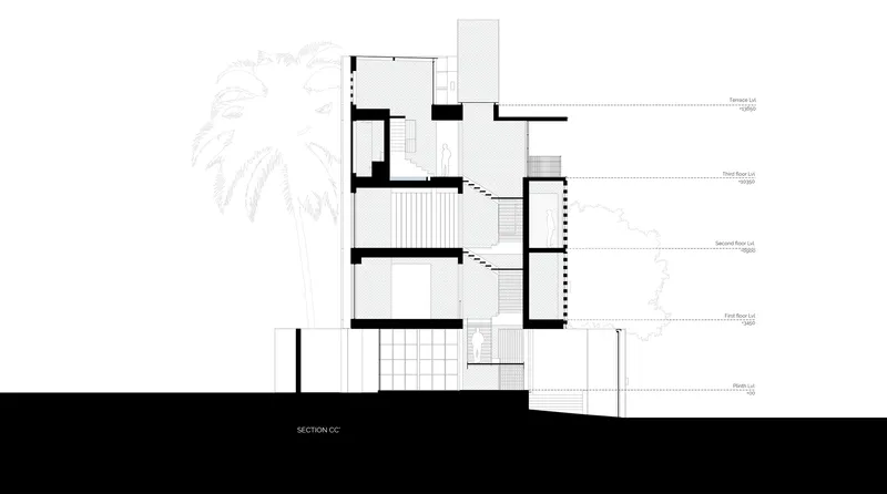 Section drawing showing stepped floor plates with staircase connecting levels and adjacent palm trees