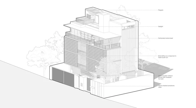 Axonometric drawing showing a multi-storey building with textured facade panels and rooftop volumes with trees alongside