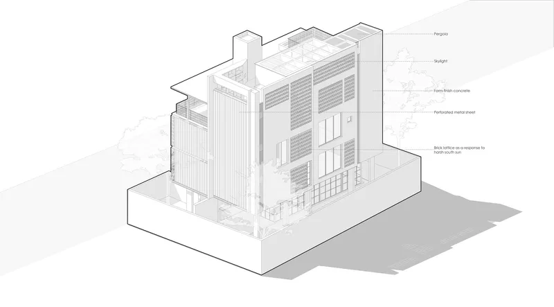 Axonometric drawing of the street-facing elevation with horizontal banded cladding and punched window openings