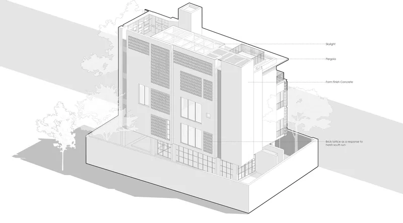 Axonometric drawing depicting the front facade with alternating solid and perforated wall sections and a tree