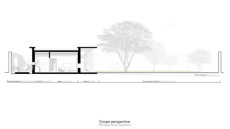 Perspective section drawing showing interior spaces beneath a flat roof with trees in the background