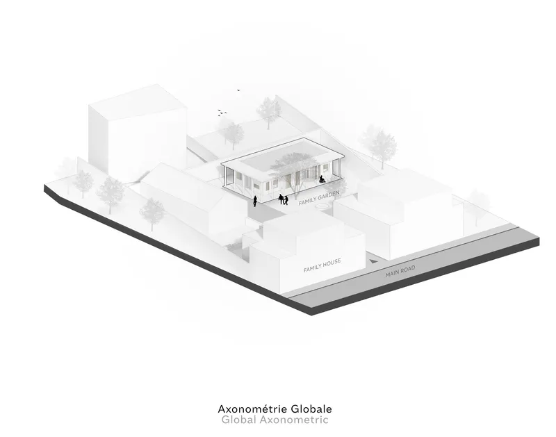 Axonometric drawing showing the residence positioned between surrounding block forms and adjacent street with trees