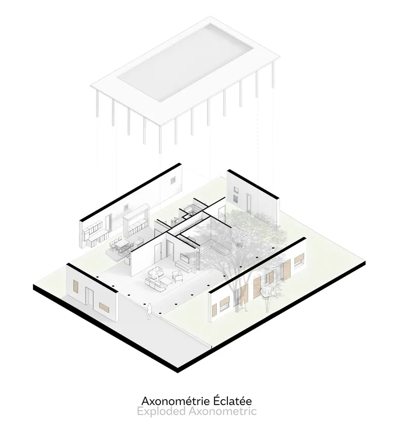 Exploded axonometric drawing revealing interior rooms, furniture layout, and structural columns beneath a gabled roof