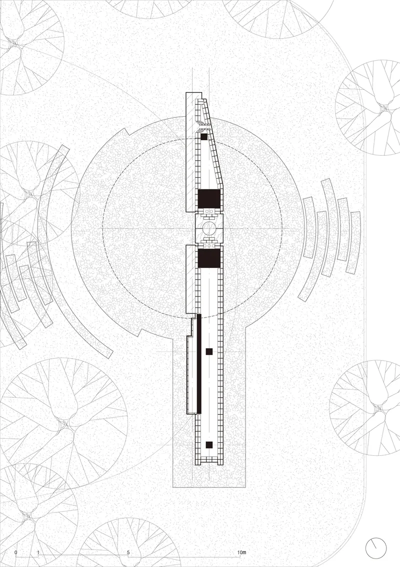 Site plan drawing showing an elongated building footprint surrounded by circular tree canopies and curved pathways