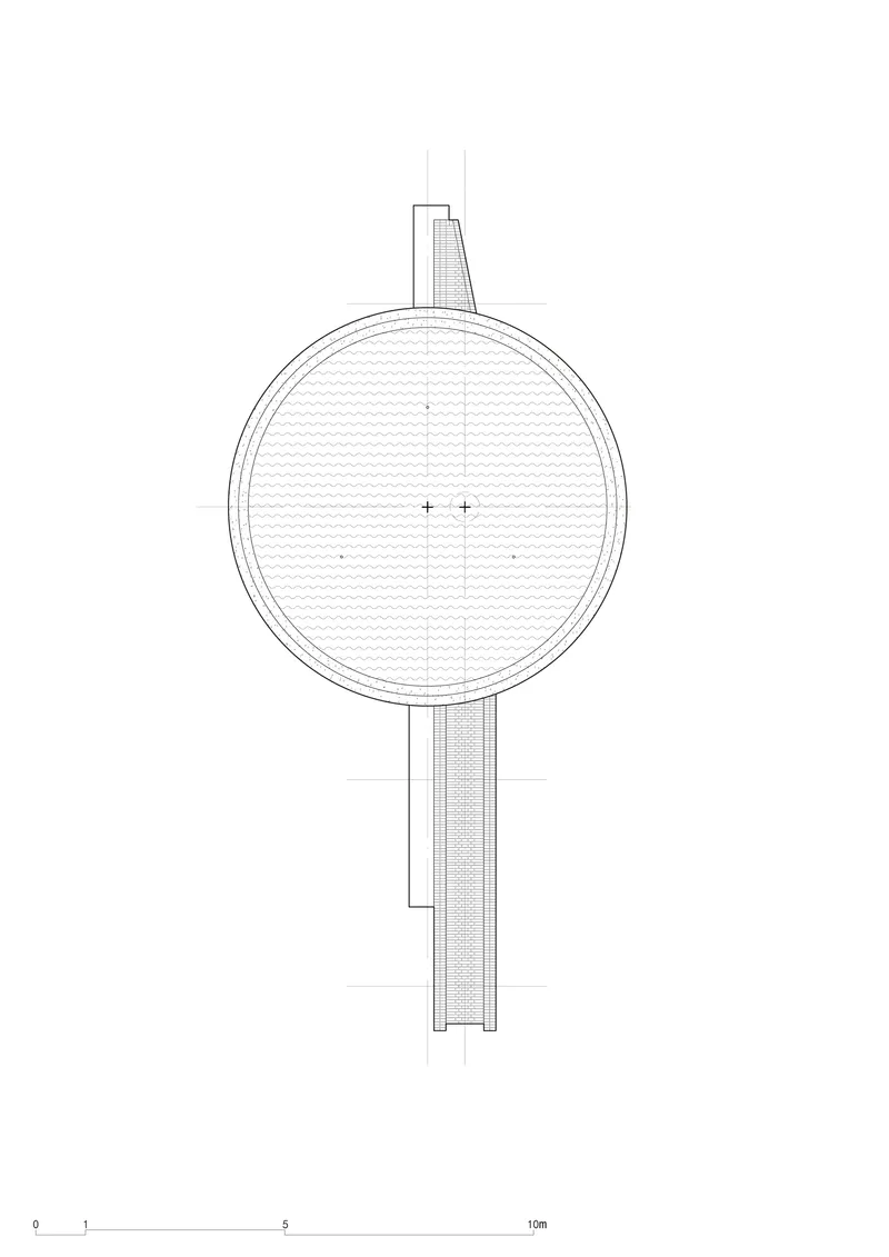 Plan drawing of a circular pavilion with a central core and radiating columns