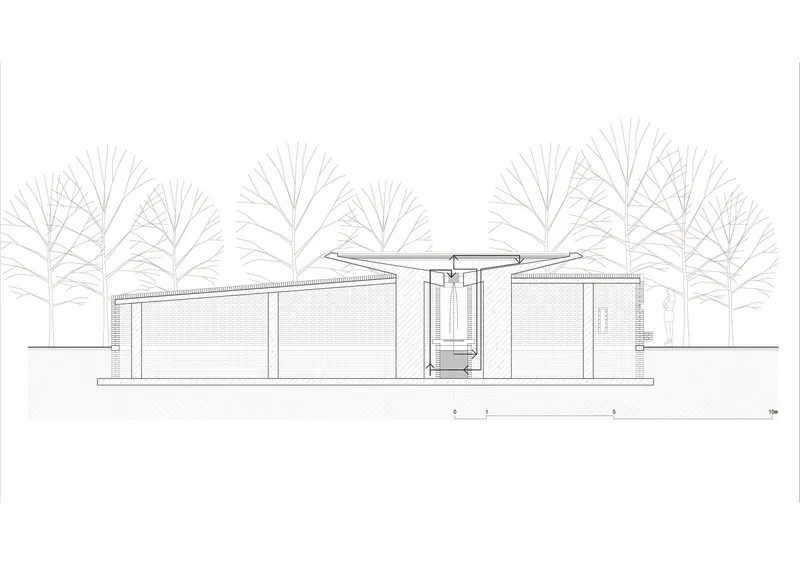 Elevation drawing showing a cantilevered roof pavilion sheltering a central core among trees