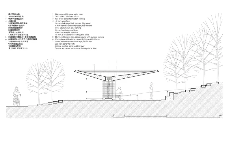 Section drawing depicting a pavilion with a canopy roof over stepped terrain with figures