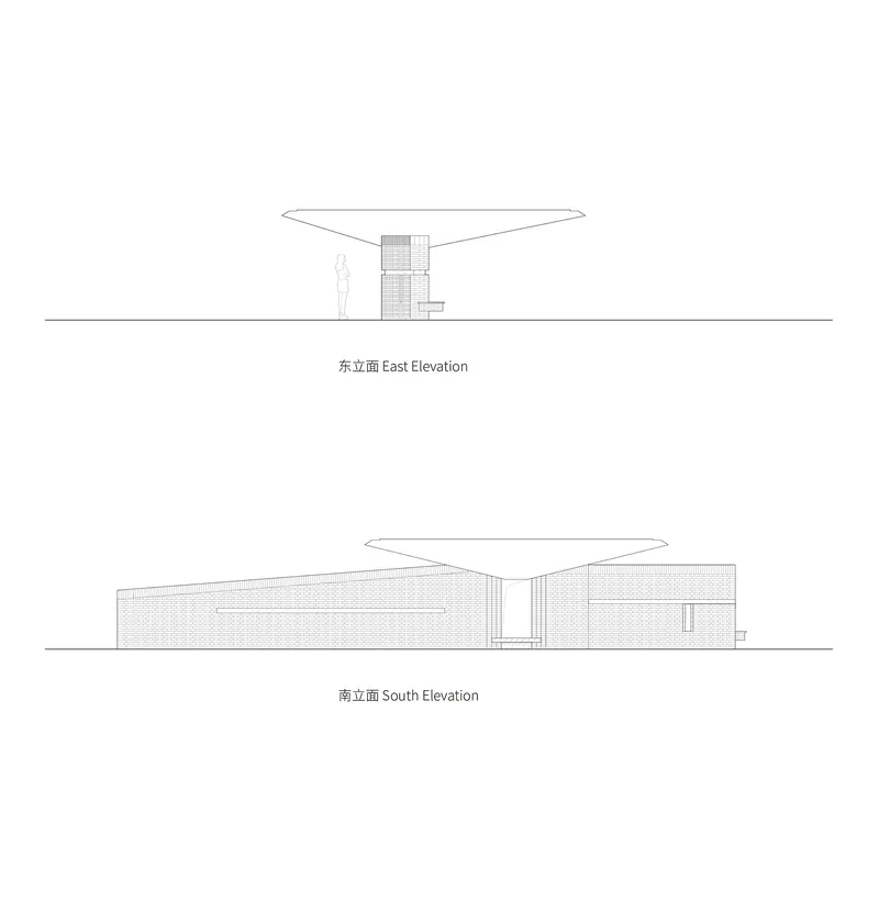 Elevation drawings showing the central core supporting a cantilevered roof canopy from two sides