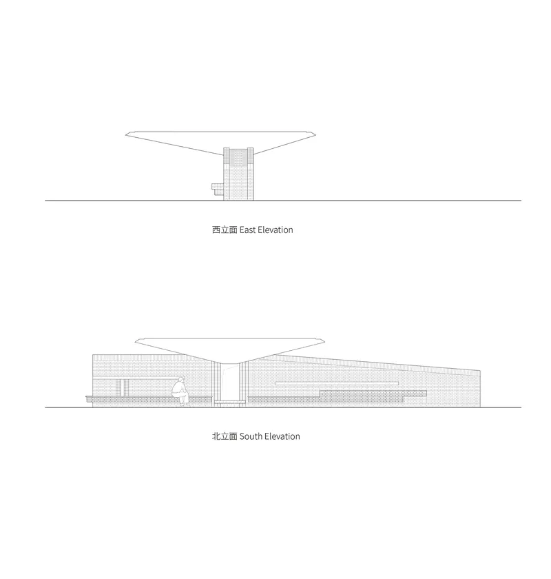 Elevation drawings showing the pavilion roof canopy extending over low building volumes with a figure