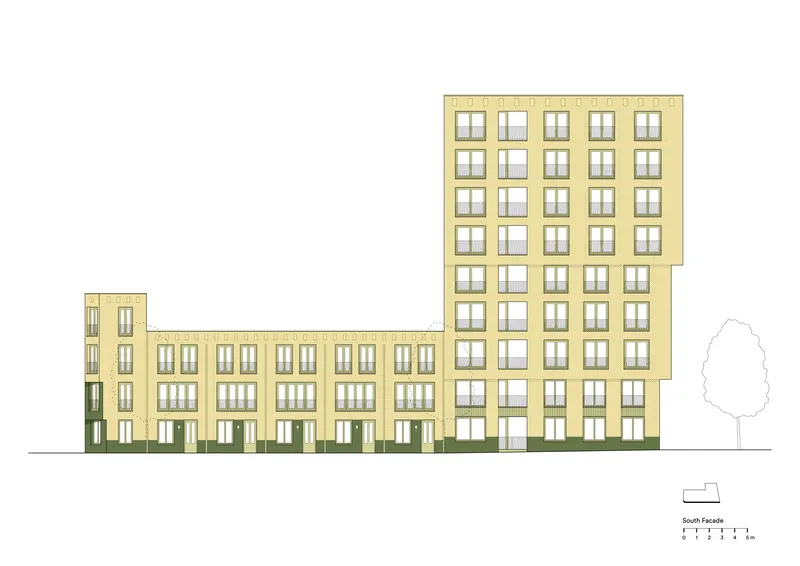 South facade elevation drawing showing stepped massing with lower townhouses and taller residential tower beside a tree