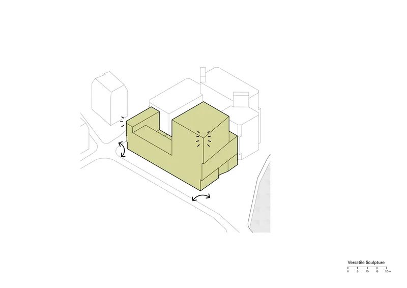 Axonometric drawing showing the massing relationship between the new building and surrounding structures
