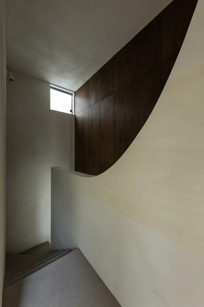 Staircase with sweeping dark wood panel wrapping the upper wall beneath a vaulted plaster ceiling