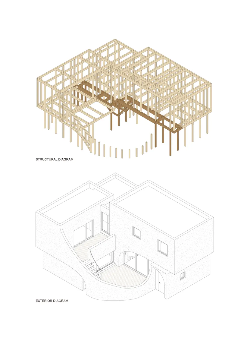 Axonometric structural diagram and isometric exterior diagram showing the timber frame and curved interior volumes
