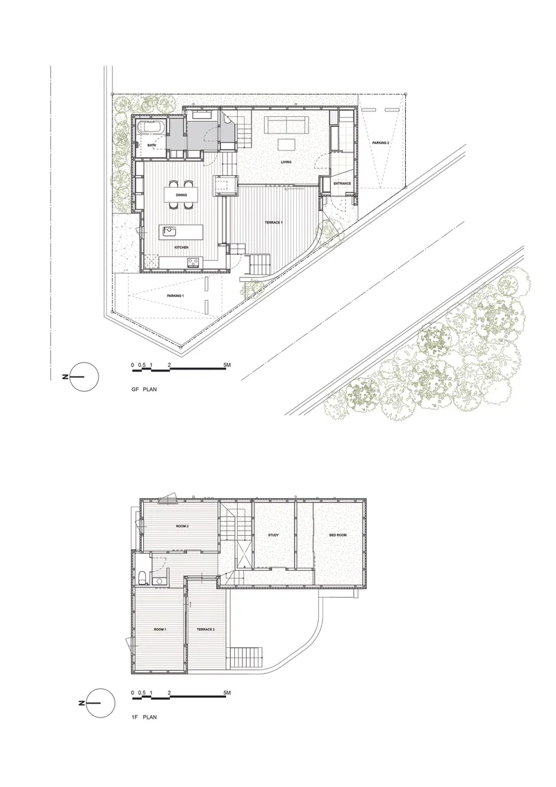 Ground floor and first floor plan drawings showing angled triangular footprint with terraces and landscaping