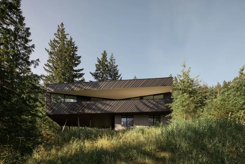 Two-story volume with diagonal metal cladding and ribbon windows surrounded by evergreens and wild grasses