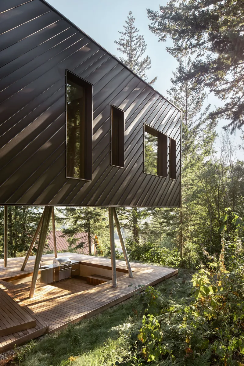 Elevated timber volume on angled steel columns with horizontal metal cladding among evergreen trees