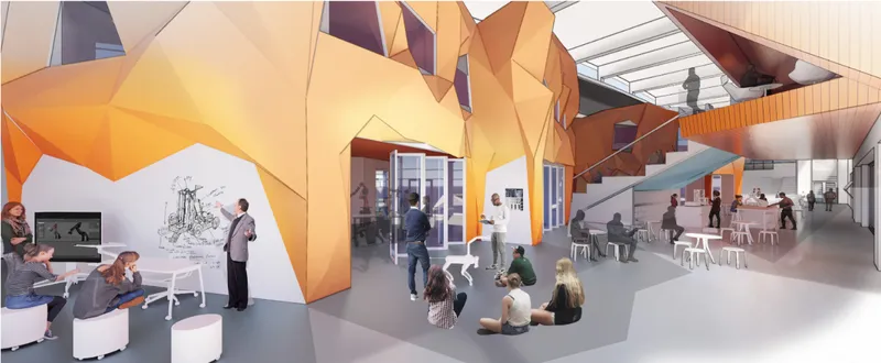 Parametric learning hub with collaborative and flexible educational spaces designed for interactive student engagement.