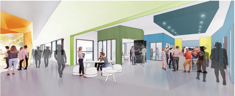 Multi-level learning commons integrating digital interaction, open seating, and adaptive spatial design for student-driven education.