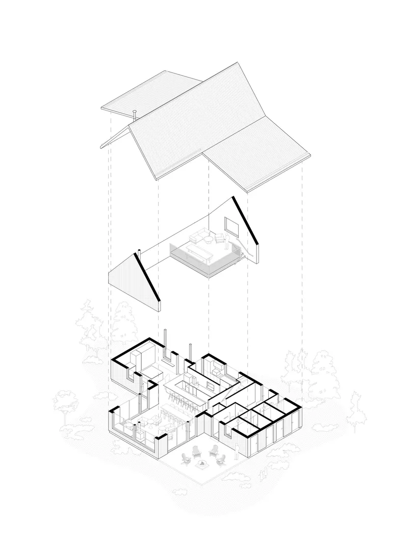 Exploded axonometric drawing showing ground floor layout, mezzanine level, and separated roof planes with surrounding trees