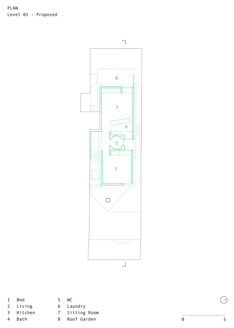 First floor plan drawing showing upper level bedroom layout with bathroom and roof garden access