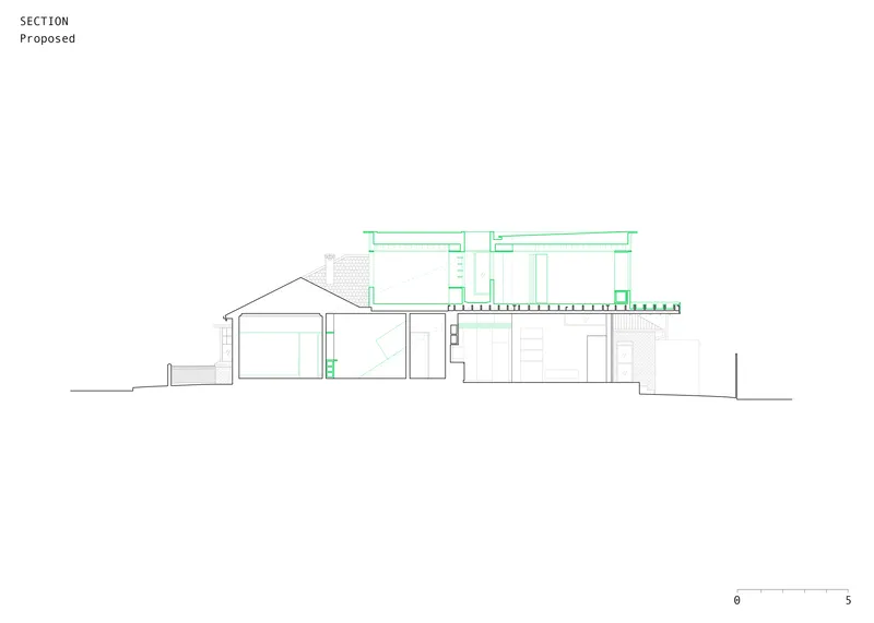 Longitudinal section drawing showing relationship between existing single-story structure and new two-story extension with timber deck