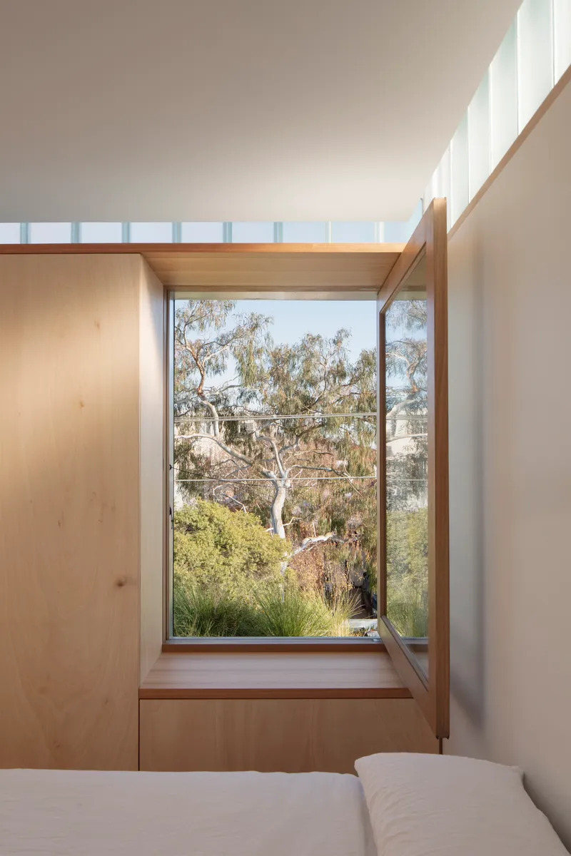 Timber window seat framing a view of eucalyptus trees and native grasses outside