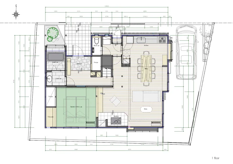 Floor plan drawing showing first level with a tatami room, living spaces, bathroom, and adjacent garden area