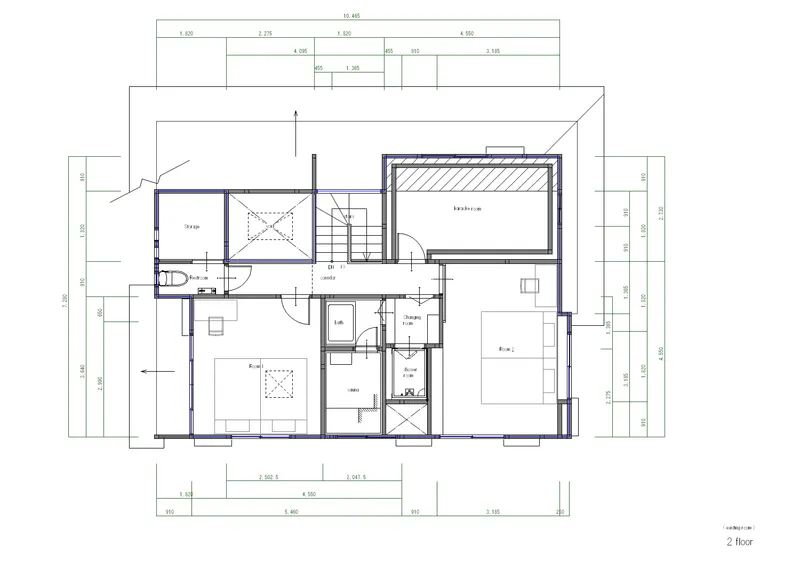 Second floor plan drawing with bedrooms, stairwell, and a lofted bedroom with angled ceiling