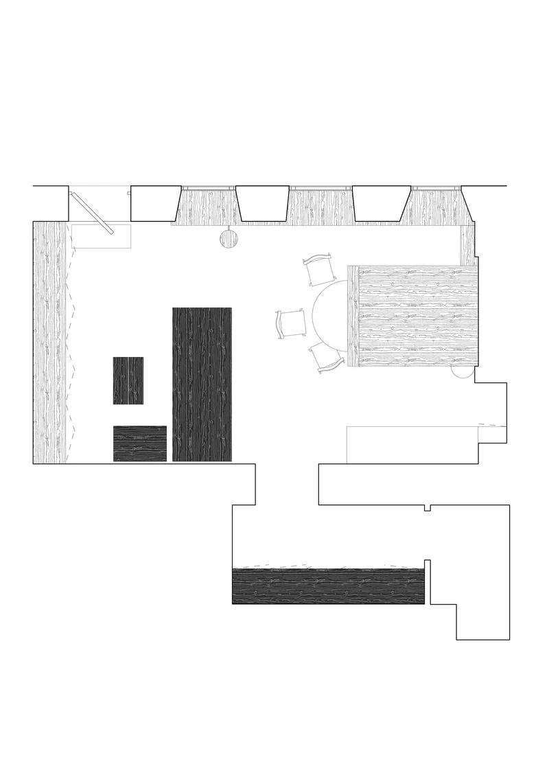 Floor plan drawing showing interior layout with furniture, skylights, and material textures indicated
