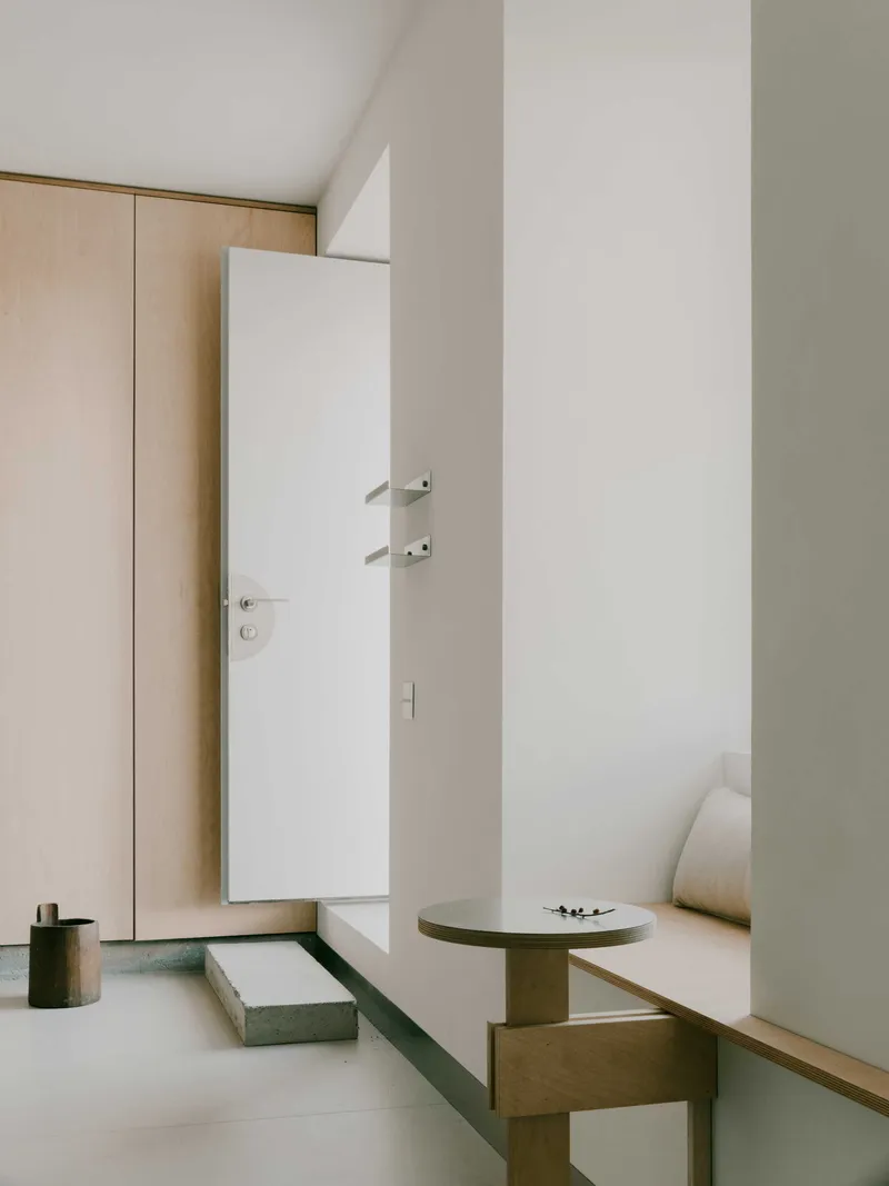 Interior view of plywood cabinetry and white door with green-painted floor steps in soft daylight