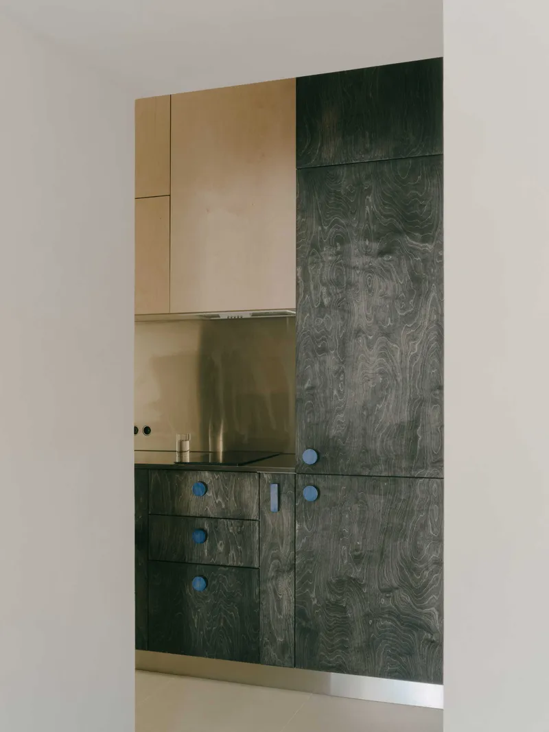 Kitchen cabinetry with dark wood veneer doors, blue knobs, and reflective backsplash under light wood upper units