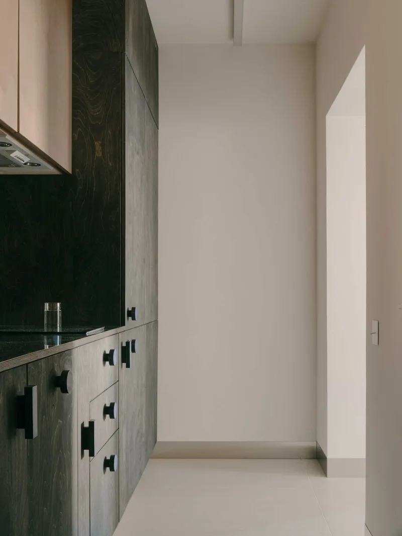 Galley kitchen with dark stained wood cabinetry, black hardware, and natural daylight from adjacent room
