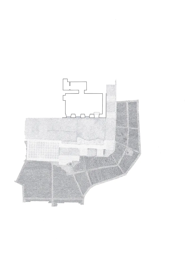 Site plan drawing showing building footprint with surrounding paved and planted areas