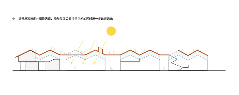 Section drawing showing undulating rooflines over interior spaces with sunlight entering from above