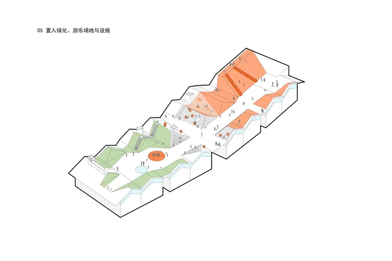 Axonometric drawing illustrating interior circulation and spatial zones highlighted in orange and green with people