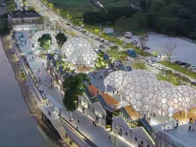 Atelier cnS Floats Geodesic Cloud Canopies over Derelict Grain Warehouses on the Huadi River