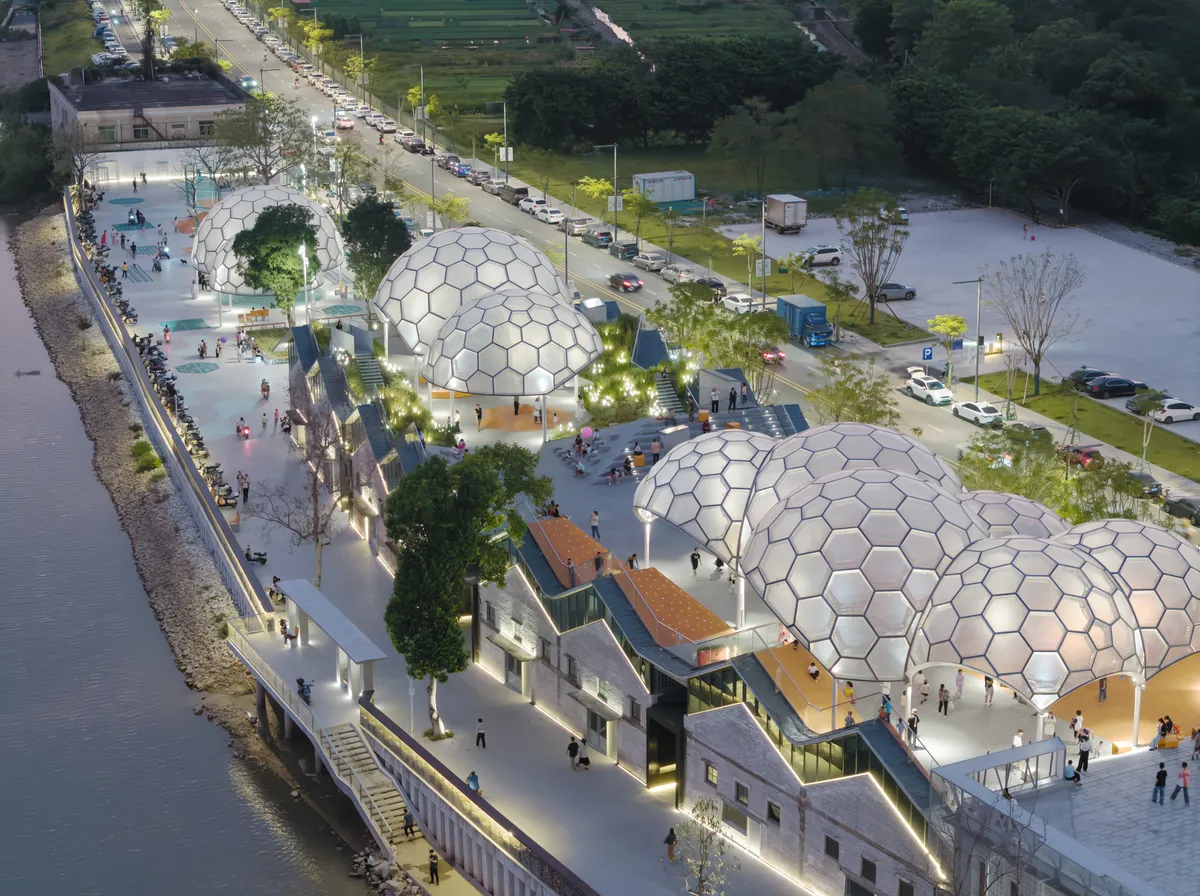 Atelier cnS Floats Geodesic Cloud Canopies over Derelict Grain Warehouses on the Huadi River