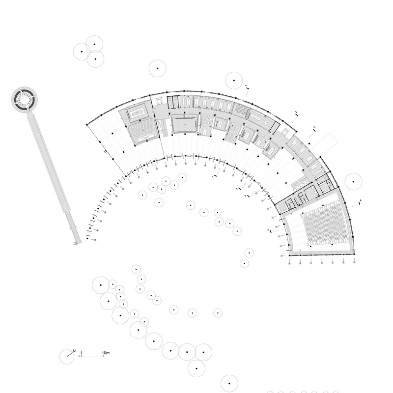 Floor plan drawing of the curved upper level with rooms arranged along the arc and scattered trees below