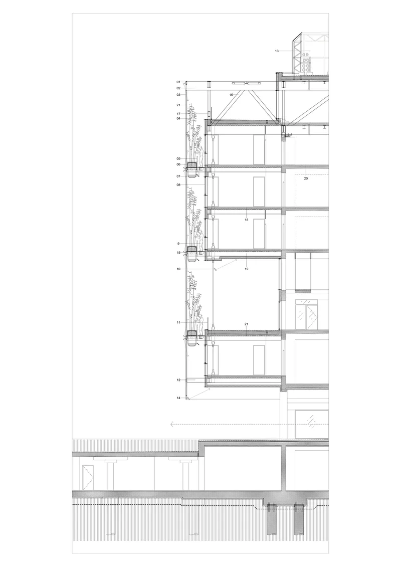 Wall section detail drawing showing the multi-story structure with floor plates, columns, and green wall at facade