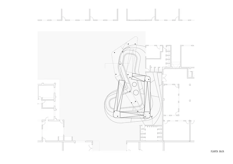 Ground floor plan drawing showing an organic curved interior volume surrounded by rectilinear support spaces