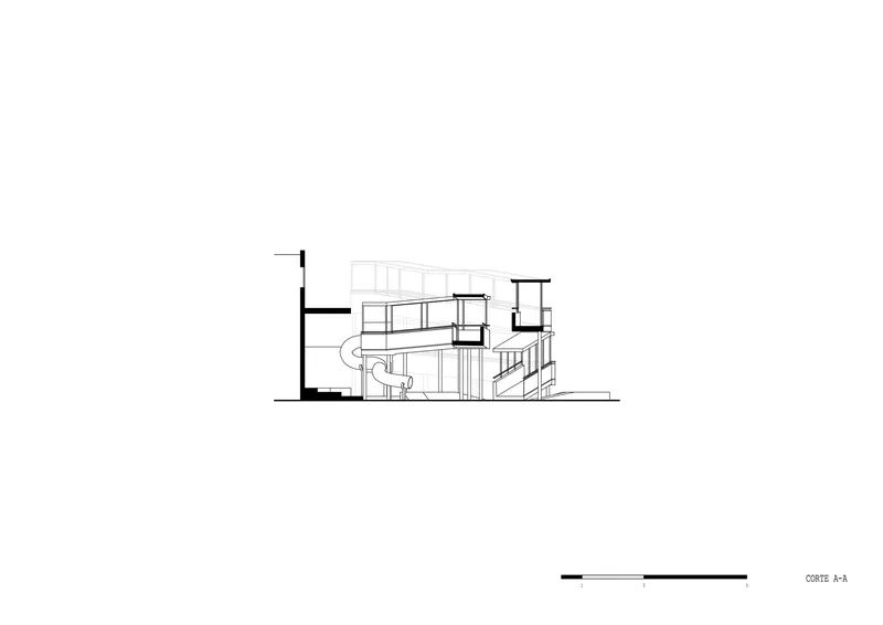Section drawing revealing a multi-level interior with a curving stair and varied ceiling heights