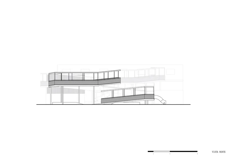 Elevation drawing depicting a two-story structure with horizontal banding and cantilevered upper terraces
