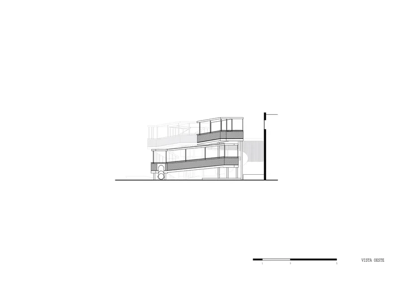 Elevation drawing showing stacked terraces with metal railings and a narrow vertical tower element