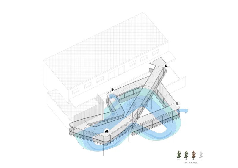 Axonometric drawing illustrating a curving pool form carved into an angular platform beside a gridded volume