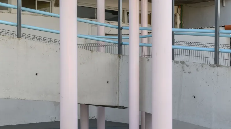 Pink circular columns supporting concrete levels with blue metal railings and wire mesh