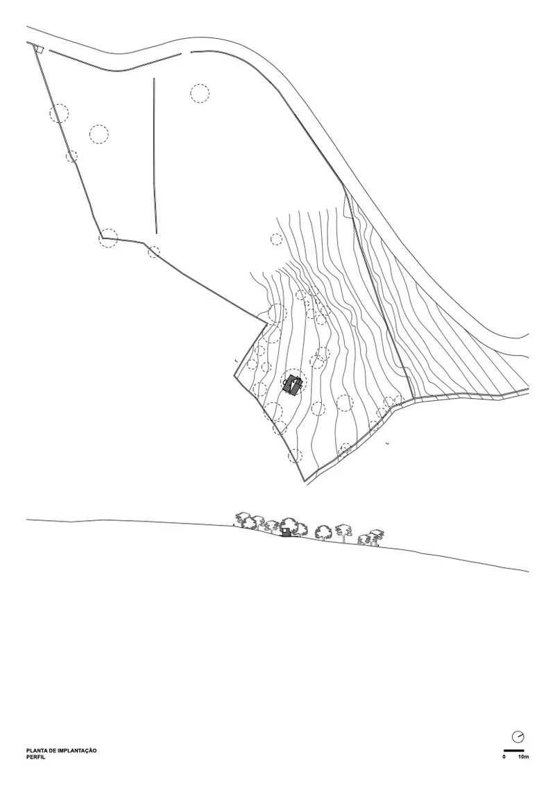 Site plan drawing showing building footprint on sloped terrain with topographic contour lines and trees