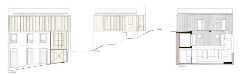 Elevation and section drawings showing timber-clad facade with fenestration pattern and sloping adjacent terrain