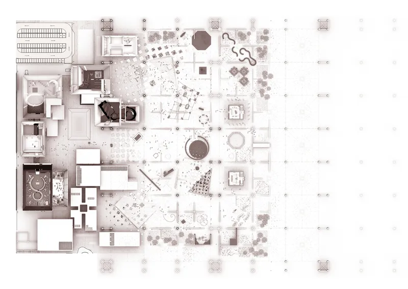 Floor plan drawing depicting gallery spaces, courtyards, and circulation paths in muted tones